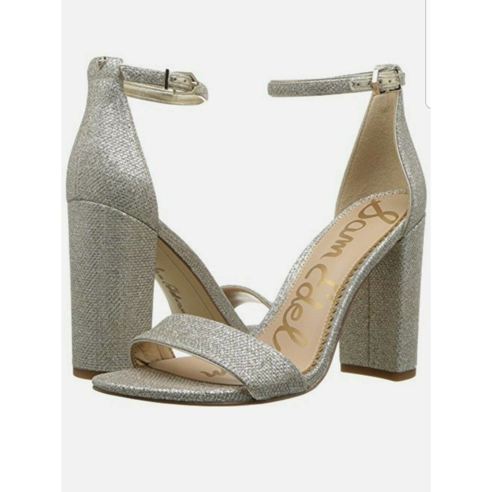 Sam Edelman Yaro Ankle Strap Sandal block Heel jute glam silver mesh dressy